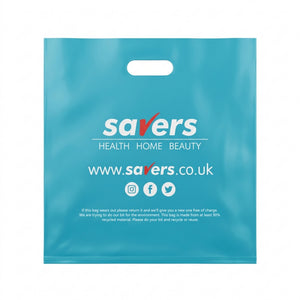 Custom Printed Die‑cut Handle PE Shopping Bag, Recycled Plastic Punch Handle Retail Carrier Bag, For Beauty Drugstore Retail Shop Packaging