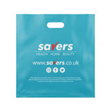 Custom Printed Die‑cut Handle PE Shopping Bag, Recycled Plastic Punch Handle Retail Carrier Bag, For Beauty Drugstore Retail Shop Packaging