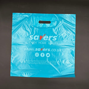 Custom Printed Die‑cut Handle PE Shopping Bag, Recycled Plastic Punch Handle Retail Carrier Bag, For Beauty Drugstore Retail Shop Packaging